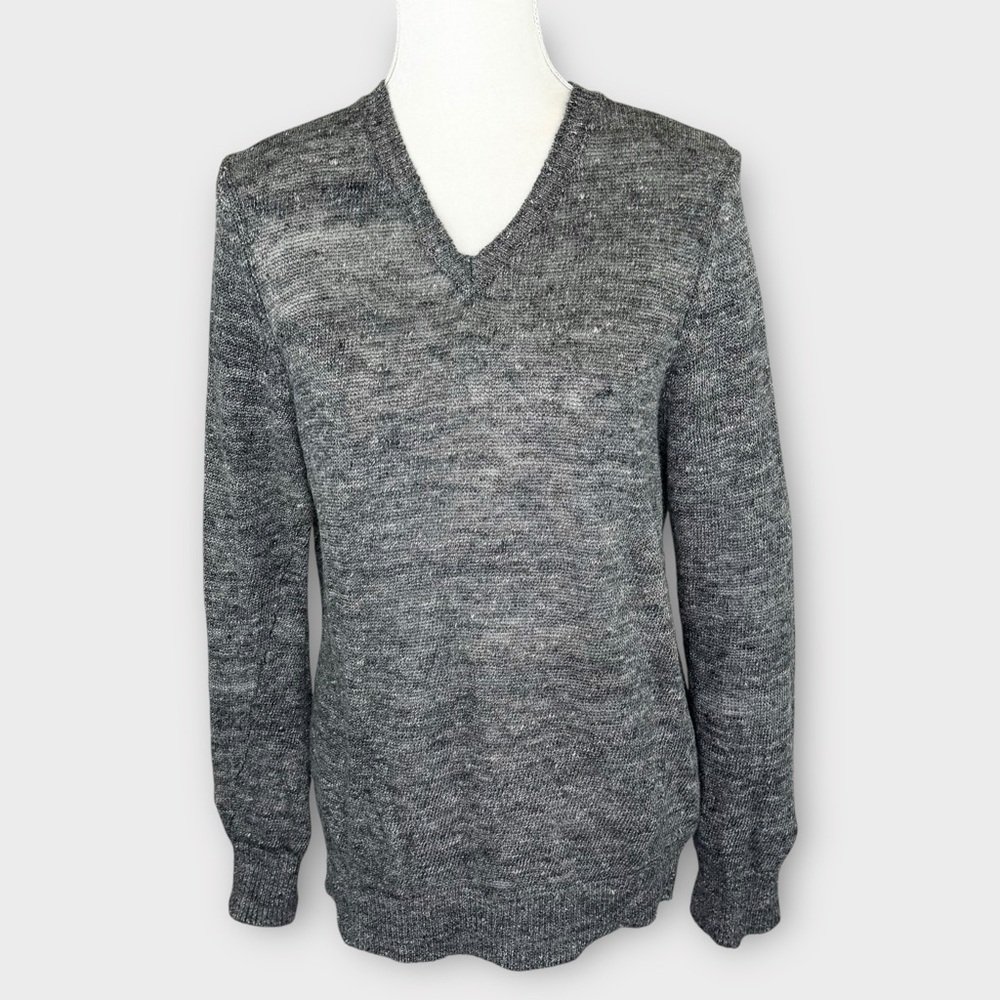VINCE charcoal gray 100% linen v-neck sweater S oversized long sleeve tunic 7409